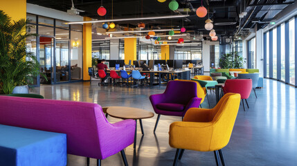 Bright and modern office space featuring colorful furniture, including purple, yellow, and red chairs, with vibrant atmosphere and natural light