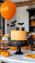 Spooky Halloween Cake Decorated with Bats and Cats.