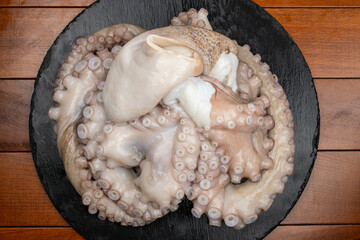 Raw octopus on the plate, flat lay