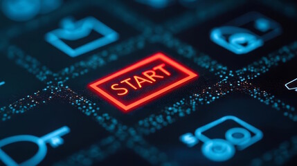  Close-up of futuristic keyboard with neon glowing "START" key, future technology concept