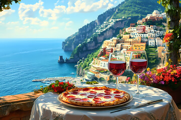 Coastal Culinary Delight: A picturesque scene unfolds with a pizza and wine, inviting viewers to savor the moment against the backdrop of a scenic coastal town nestled on a mountainside.