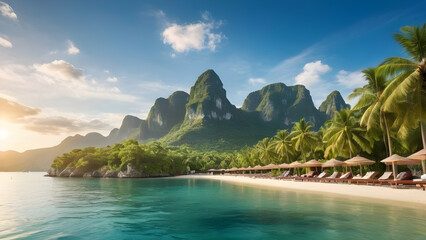 Tropical beach with sunbeds and umbrellas illuminating during sunrise in El Nido, Palawan, Philippines