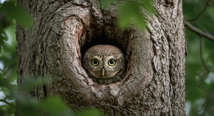Obraz premium A small owl peeking from a hollow tree. 