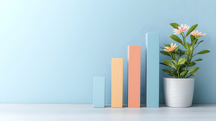 Colorful Bar Graph Beside A Potted Plant Displayed On A Wooden Surface Against A Light Blue Textured Wall