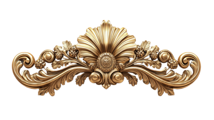 Golden baroque ornament intricate gold decorative molding floral patterns and a central medallion design in vintage ornate style on transparent background. 