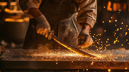 Master craftsman sharpening katana blade in traditional forge
