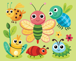 Naklejka premium Cute Cartoon Bugs in a Garden Illustration