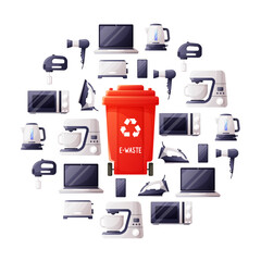 Electronic waste and recycling bin set. Round template with electronic equipment for disposal, red bin for them in the middle. Zero waste theme and modern environmental problem.