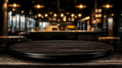 Obraz premium Dark Wooden Round Table Display Against Blurred Bar Background