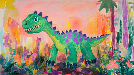 A child’s drawing of a dinosaur in a jungle, with oversized features like large claws and a small head