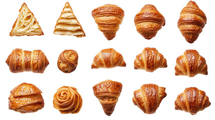 Sweetbread slices and bakery on a transparent background. Toast, pastries, croissants, cinnamon rolls food concept.