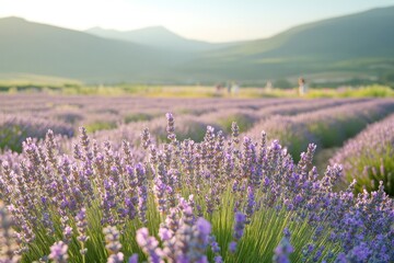 Fototapeta premium Lavender fields stretch across rolling hills, bathed in soft sun
