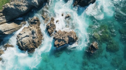 Aerial view of beautiful seascape with blue ocean waves and rocks