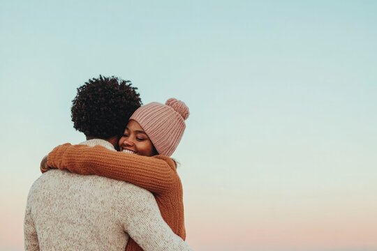 Warm embrace under pastel sky, showcasing affection and joy betw