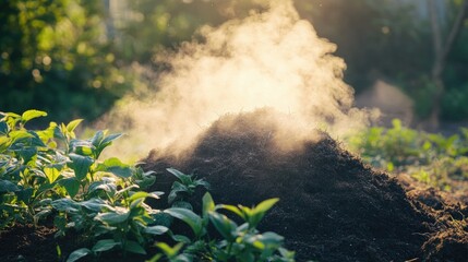 Organic soil mound releasing steam in sunlit garden, showcasing
