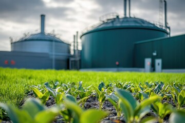 Green crops thrive in foreground with biogas plants looming in b
