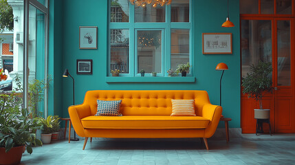 A bright orange couch sits in front of a window with a view of the street