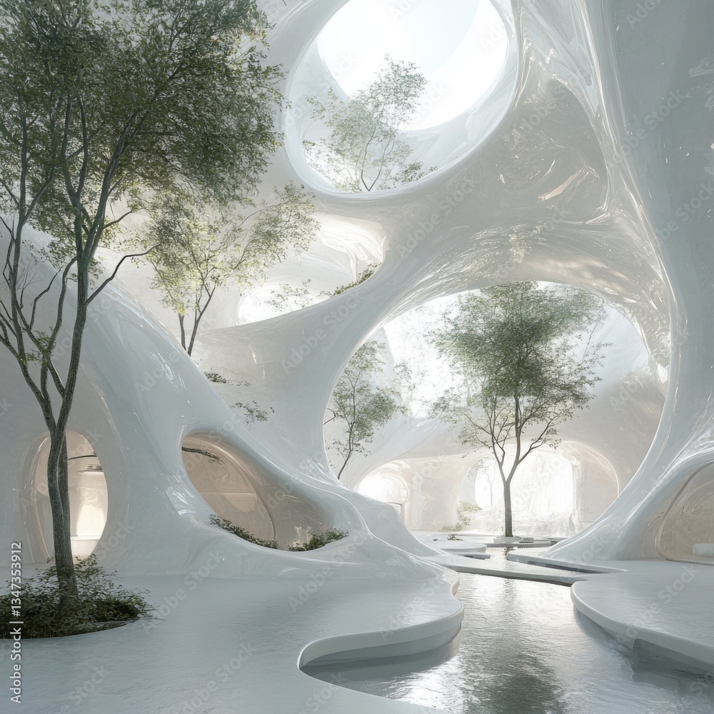Poster white organic architecture with trees and water, fluid forms, multiple circular windows, interior vi