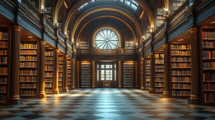 A large library with a clock in the middle