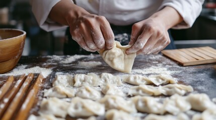 Chef preparing delicious dumplings in a professional kitchen. Authentic Asian cuisine, culinary art, handmade food, traditional recipe.
