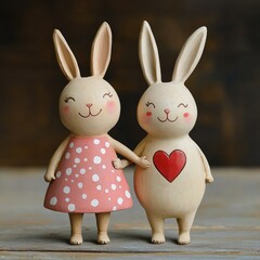 Obraz premium Two adorable rabbit figurines holding hands. They wear a pink polka-dotted dress and are a light beige color. A red heart is on one rabbit's chest
