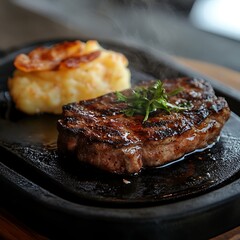 Perfectly seasoned steak with a savory side high resolution picture