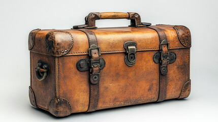 A brown leather suitcase with a brown handle