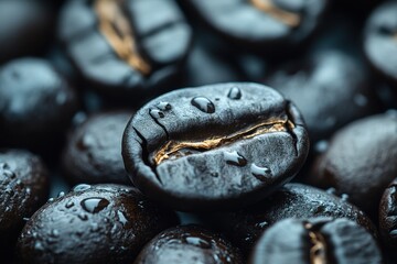 Fototapeta premium Coffee beans glistening with moisture showcase their rich texture and quality in a close-up view