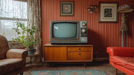 A living room with a television on a wooden stand