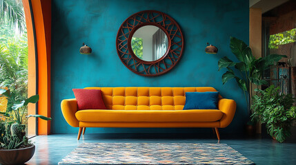 A yellow couch is in a living room with a blue wall and a mirror above it