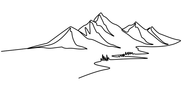 One continuous line drawing of mountain range landscape, Mountains linear background. Hand drawn mountain landscape. Vector illustration, Mountain Landscape Web Banner with Continuous Line Icon, pro. 
