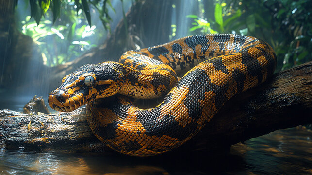 A snake rests on a branch. The snake has black and yellow spots, is coiled around a tree limb,