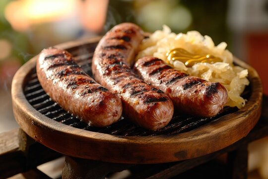 Grilled sausages served on wooden platter with sauerkraut and mu