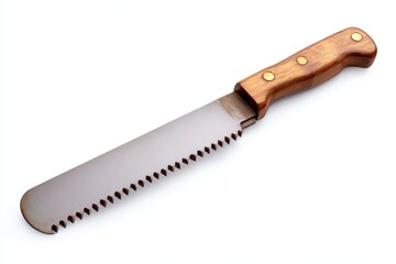Aged Bread Knife with Wooden Handle on White Background