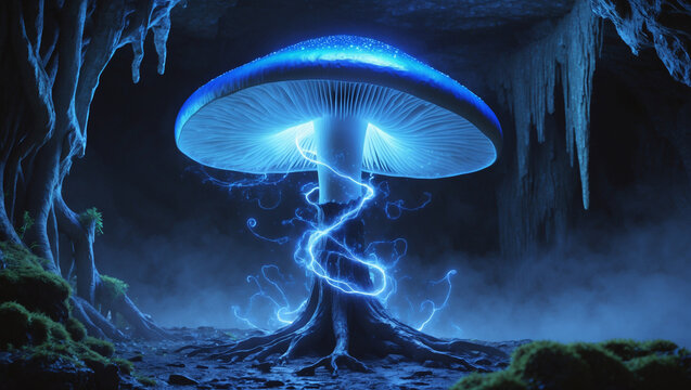 A luminous blue mushroom pulsates with mystical energy in a dark, cavernous grotto, its ethereal glow illuminating the mossy surroundings.