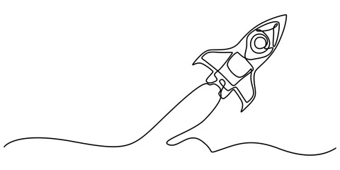Fototapeta premium Continuous Line Drawing of Spaceship Icon. Hand Drawn Symbol Vector Illustration, Single continuous line drawing rocket. Startup concept, Rocket, spaceship drawn in continuous line in minimalism style