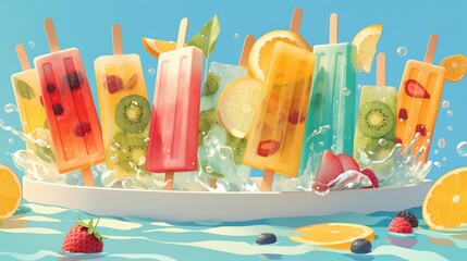 Refreshing summer fruit popsicles splashing in a sunny pool vibrant colors digital art