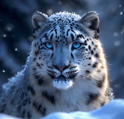 Blue eyes Snow leopard on the snow