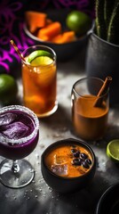 Colorful assortment of vibrant cocktails and fresh ingredients on a rustic table