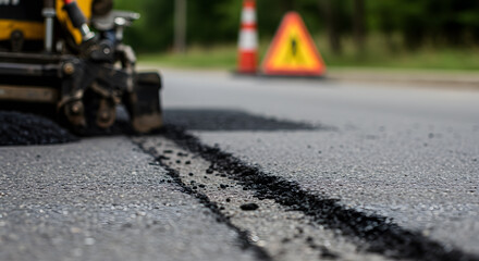 Road Repair Close-up of Asphalt Patching and Crack Filling on a Street