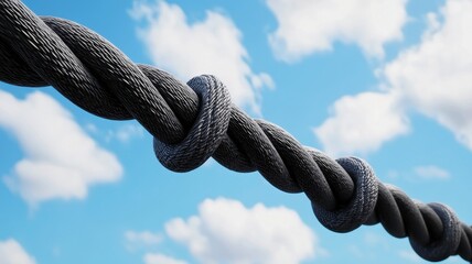 Durability of cables. A close-up of a twisted rope against a bright blue sky with clouds.