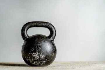 Fototapeta premium Heavy kettlebell resting on wooden surface, showcasing wear and