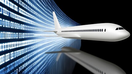 Airplane flying through digital data stream