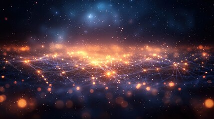 Glowing network with blue lines and orange dots against a starry sky backdrop