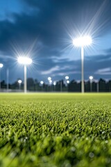 Illuminated sports field under twilight sky creates vibrant atmo