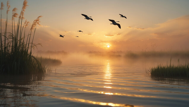 Tranquil sunrise over a misty lake with birds in flight, showcasing serene golden hour light and calm water reflecting the sky.