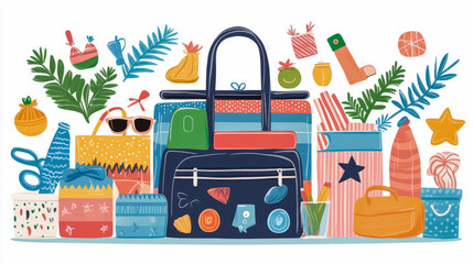 Travel Accessories Composition: A joyful hand-drawn of luggage, gifts and summer items for a vacation getaway concept