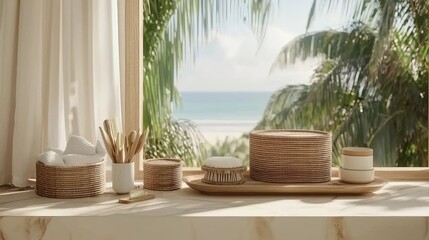 Bathroom vanity by window with ocean view