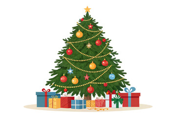 Obraz premium A festive Christmas tree adorned with colorful ornaments and surrounded by beautifully wrapped presents.