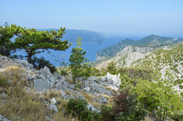 Peljesac peninsula inland. View on Peljesac coastline and Korcula island from hiking trail leading to St. Elias (Sveti Ilija) peak